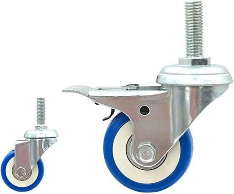 Boss Level Two Inch Swivel Casters With Threaded Stem M8 M10 M12 Polyurethane Wheels And Dual Brake System, showing blue polyurethane wheels.