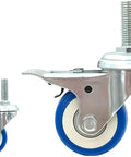 Heavy Duty Swivel Caster Wheels Featuring Glide Smooth Polyurethane Tires And Secure Locking Brakes Crafted For Furniture Storage And Utility Carts. Close-up view of blue polyurethane wheels with M8 threaded stem.
