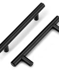 5 Pack 3-3/4 Inch Hole Centers Solid Stainless Steel Round T Bar Cabinet Pulls Black shown from above on white background.