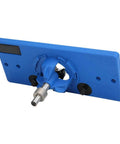 Blue plastic hinge boring jig for cabinet doors with 35mm hinge compatibility and metal shaft