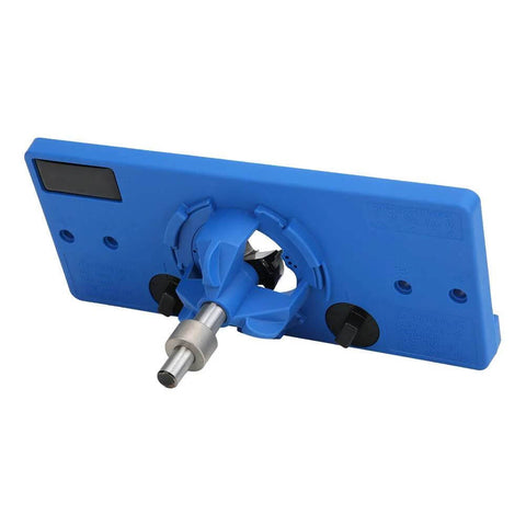 Blue plastic hinge boring jig for cabinet doors with 35mm hinge compatibility and metal shaft