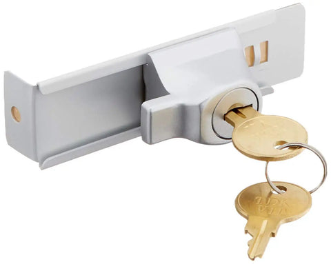 Stick On Aluminum Showcase Lock Keyed Alike With Peel And Stick Adhesive Keeps Glass Doors Safe From Shoplifting, Fits Up To Three Eighths Of An Inch Thick, Three Finishes Available, Easy Install, Great For Two Or More Locks in silver finish with keys inserted