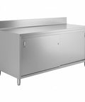 Commercial 304 Stainless Steel Prep Table, 72 By 30 Inch Heavy Duty Kitchen Work Station with sliding doors and sturdy backsplash.