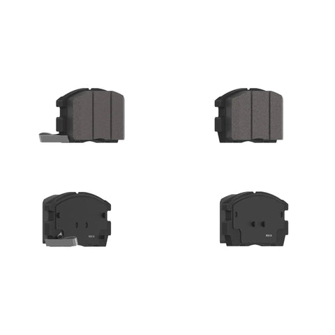 EC1275 Ceramic Rear Disc Brake Pad Set For Chevrolet Equinox OE Style Fit Quiet Operation With Three Layer Shim Daily Driving Reliability And Smooth Responsive Stopping Power in side and back views.