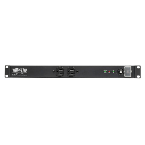 Isobar Rackmount Surge Protector Power Strip With 12 Outlets, 20A and 3840 Joules, 15ft Cord, 1U Rack Mount, front view showing outlets