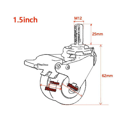 Heavy Duty Caster Wheels For Furniture And Equipment, 1.5 Inch Silent Rubber Swivel Casters With Brake, M12 Thread Mount, detailed dimensions.