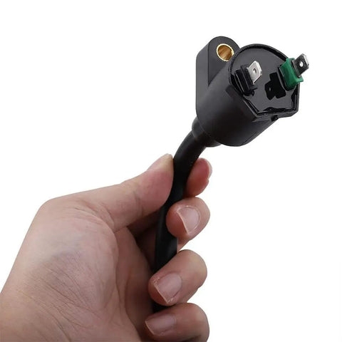 G6 Racing Ignition Coil with SSR125 Spark Plug Wire held in hand, suitable for 50Cc 110Cc 125Cc 150Cc mopeds, scooters, ATVs, and go karts.