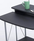 Adjustable Height Sit Stand Workstation Mobile Standing Desk Foldable Computer Table With Sturdy Waterproof Surface, black top and steel frame.