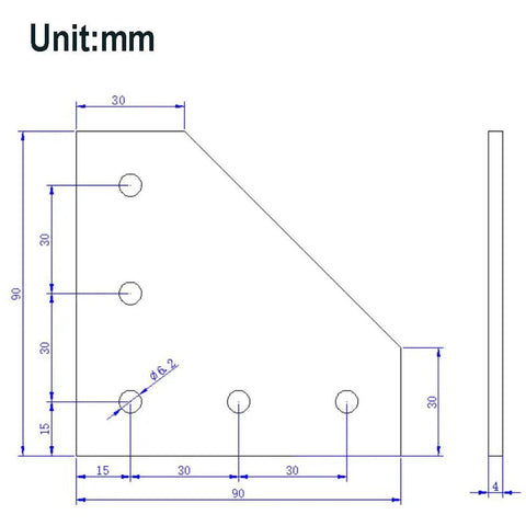 Technical drawing of Beefy 90 Degree L Shape Corner Bracket Plate Set for 3030 Aluminum Extrusion Profiles with 5 Holes
