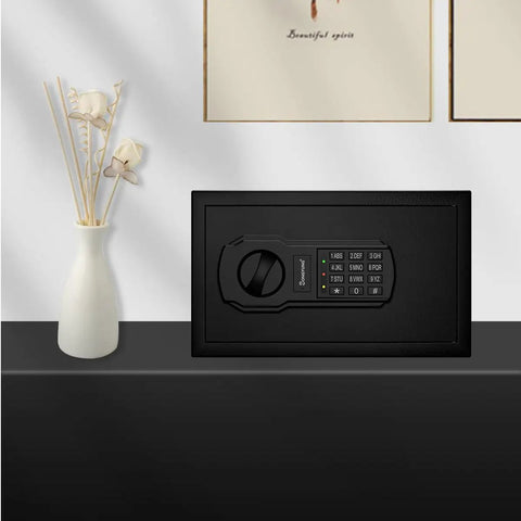 Front view of Fire Resistant Safe Box With Fireproof Waterproof Bag And Sensor Light 0.4 Cubic Feet Money Safe in a home setting.