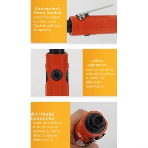 Rock Solid Air Die Grinder Straight Shaft 23000 RPM Pneumatic Rotary Tool showing convenient press switch and airflow adjustment features.