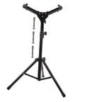 Rock Solid 12 Inch Adjustable Folding Drum Rack With Black Snare Stand and smooth height adjustments, showing sturdy tripod legs.