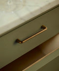 Close-up of 10 Pack Vintage Antique Brass Cabinet Pulls With An Exact 5 Inch Hole Center Solid Zinc Alloy Drawer Handles.