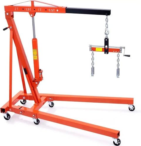 Heavy Duty 2 Ton Hydraulic Engine Hoist Folding Shop Crane Cherry Picker Precision Leveler with adjustable boom and swivel casters.