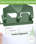 Heavy Duty Three Hole Punch For Binder With Large Chip Tray, 40 Sheet Capacity in green, demonstrating clean cuts and alignment.
