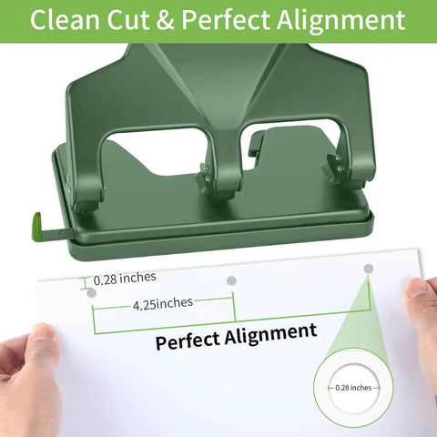 Heavy Duty Three Hole Punch For Binder With Large Chip Tray, 40 Sheet Capacity in green, demonstrating clean cuts and alignment.