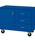 Heavy Duty Rolling Storage Cart With Secured Door And Quick Slide Drawer Perfect Mobile Workstation Built To Haul Around For Home Office Grind Or Classroom Setup in blue color with three drawers and wheels.