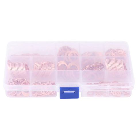 All-In-One Copper Washers Set, 280 Pieces in 12 Sizes With Storage Box, Heavy-Duty Copper Washers for Automotive Hydraulic Fittings, High Conductivity and Tight Seals, Reliable Sealing, Durable and Easy to Use. Plastic organizer with copper washers