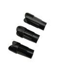 Black plastic half moon arrow nocks for 7.6mm crossbow shafts, shown in a set of three, designed for durability and target practice.