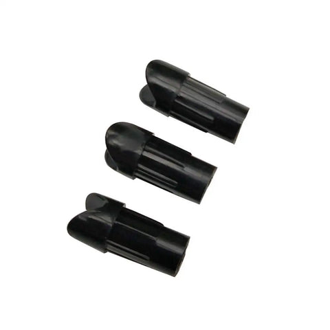 Black plastic half moon arrow nocks for 7.6mm crossbow shafts, shown in a set of three, designed for durability and target practice.