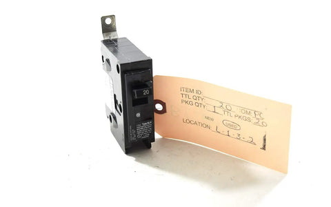 20 Amp Single Pole 120 Volt Bolt In Breaker With 22KAIC Interrupt Rating For Panel Boards UL Listed Type BLH with tag visible