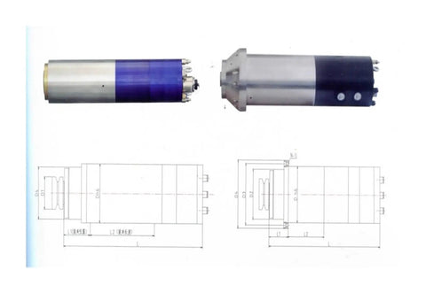 Heavy Duty 1.8KW ISO20 Water Cooled CNC Spindle With Automatic Tool Changer 24 Position Magazine 220V side and top view with dimensions.