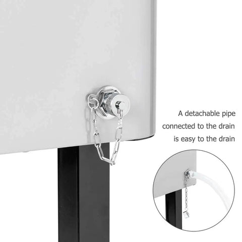 Close-up of drain and pipe attachment on 80 Quart Rolling Ice Chest Cooler Cart With Shelf And Bottle Opener Portable Patio Party Bar