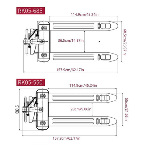 Heavy Duty 6600 Lb Electric Pallet Jack Walkie With Lithium Battery dimensions diagram for RK05-685 and RK05-550 models.