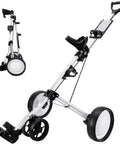 Slick Four Wheel Folding Golf Trolley With Built In Scorepad And Ice Cold Beverage Holder No Stress Push Pull Maneuver, folded and unfolded view.
