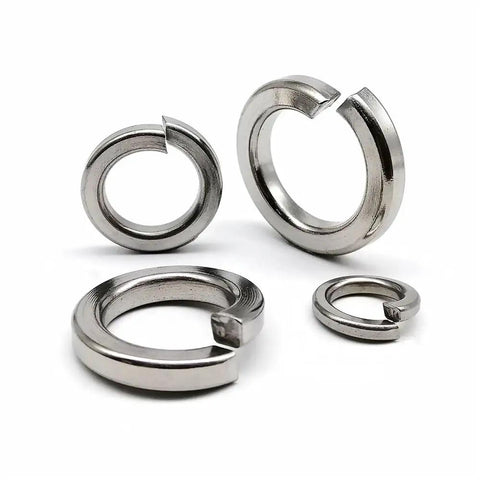 Close-up of 304 Stainless Steel Spring Lock Washers With Elastic Gasket, vibration-resistant, in silver, various sizes displayed.