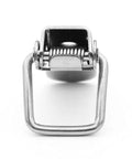 Close-up front view of stainless steel spring loaded toggle latch with open clip, part of 4 pack dope cabinet box chest lock clips with premium screws.