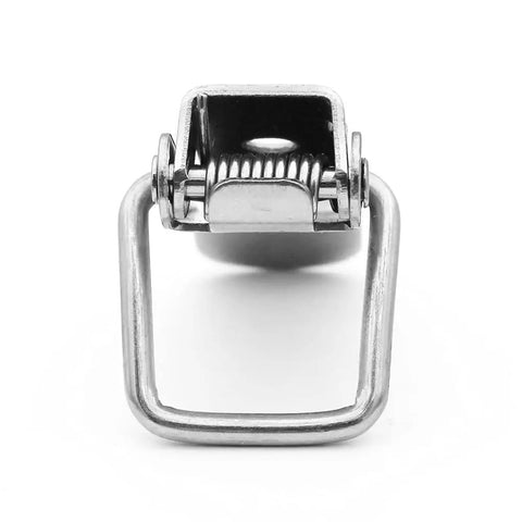 Close-up front view of stainless steel spring loaded toggle latch with open clip, part of 4 pack dope cabinet box chest lock clips with premium screws.
