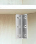 8 Pcs Stainless Steel L Brackets for Cabinets and Furniture 90 Degree Corner Braces installed on wooden shelf corner