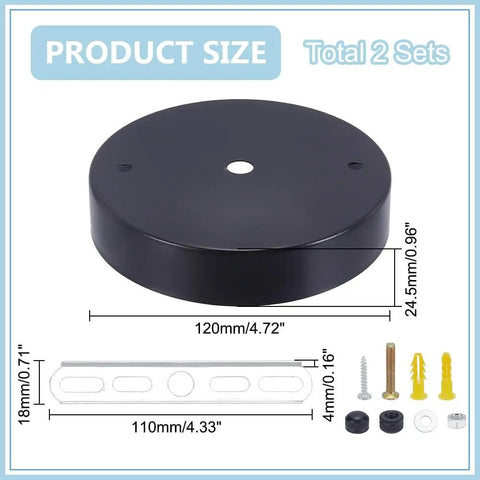 WADORN 2 Sets Ceiling Canopy Cover Plate for Pendant Light Kit showing black steel mounting plate and support bar dimensions.
