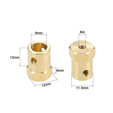 8mm Hex Brass Shaft Coupler Flexible Motor Connector For RC Cars And Wheels Set Of Four with dimensions labeled