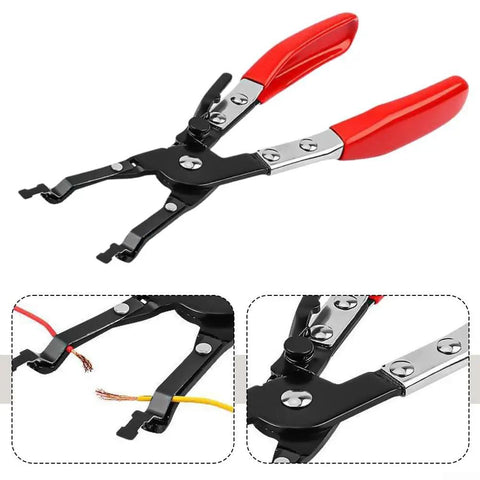 Premium One-Handed Car Wire Welding Clamp 240mm Adjustable Ratchet Tool for Precision Soldering And Tight Joints Without A Tremor with red handles.