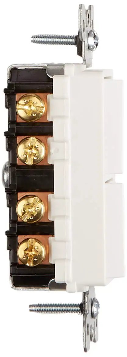 Side view of Decora Style 3-Way AC Combination Switch, 15 Amp, 120/277 Volt, with visible brass contacts and screws, Model 5643-W.