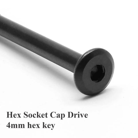 Toughest M6 X 100MM Black Allen Bunk Bed Bolts With Barrel Nuts And Hex Wrench Includes Twelve Heavy Duty Furniture Fasteners close-up showing hex socket cap drive.