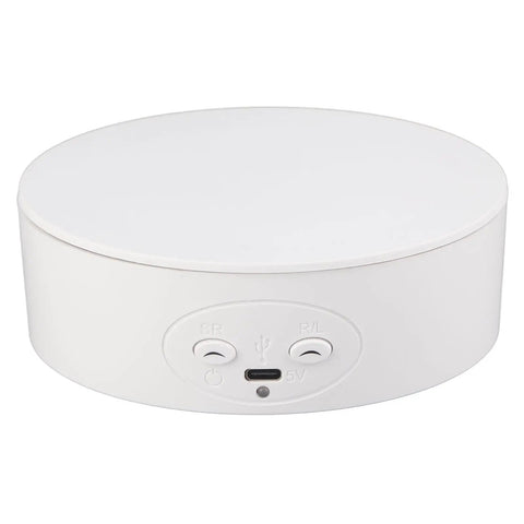 Heavy Duty Electric Rotating Display Stand With 6.6lb Load Capacity in white, featuring controls and USB port for photography use.