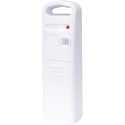 Side view of a compact white portable device showcasing buttons and a ridged texture, part of Weather Forecaster Alarm Clock With Wireless Qi Charging Pad Real Time Indoor And Outdoor Temperature And Humidity Calendar Illuminated LCD Display No Wires Needed.