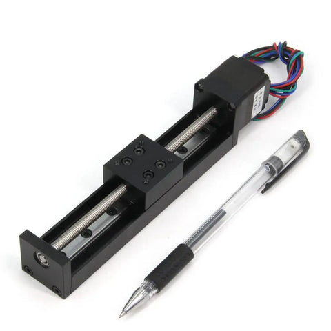 Compact Mini Linear Rail Guide Kit With Lead Screw T6x1 And Nema 11 Stepper Motor beside a pen