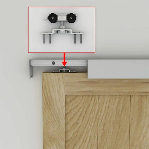 Detailed view of 6Ft Barn Door Sliding Hardware Kit Aluminum Alloy Box Rail Track installed above a wooden door.