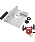Built To Last Heavy Duty Aluminum Router Lift Kit With Smooth Manual Precision Dial Control, 6.3x8.66 inch base and router components.