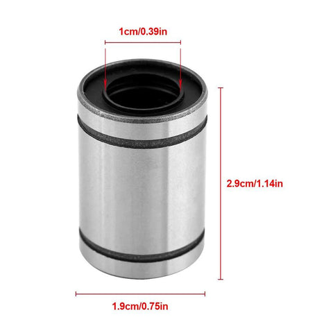 Front view of LM10UU linear ball bearing, 10 mm bore, silver steel cylinder, pack of 8 for CNC/3D printers