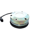 Forklift electromagnetic brake unit, front view; circular silver housing, black base, wired connector.