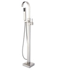 Pro Grade Floor Mount Tub Filler Freestanding Bathtub Faucet with Brushed Nickel Finish, showing handheld shower and swivel spout.