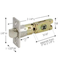 Smooth Operator Passage Door Latch With Six Way Adjustable Square Spindle, satin nickel finish, measures 3 1/4" L, non-locking.