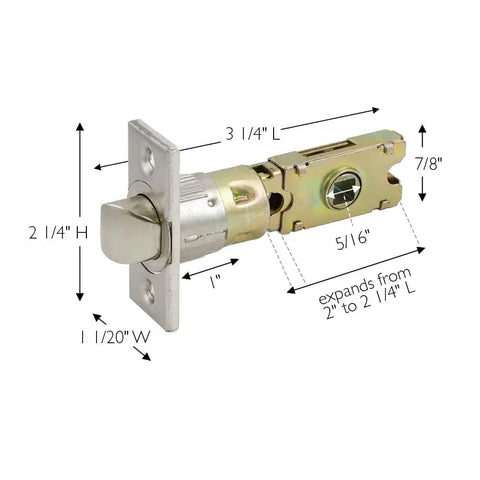 Smooth Operator Passage Door Latch With Six Way Adjustable Square Spindle, satin nickel finish, measures 3 1/4" L, non-locking.