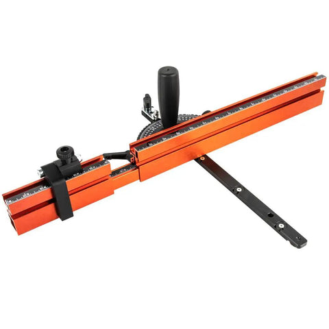Next Level Miter Gauge with 22-to-36-Inch Extension Fence and 27 Positive Angle Stops showing precision angle stops and extension.