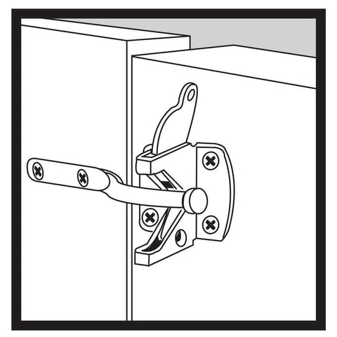 Illustration of self locking gate latch with post mount for wood fence gates, automatic gravity lever, 4.7 inch black finish, right install.